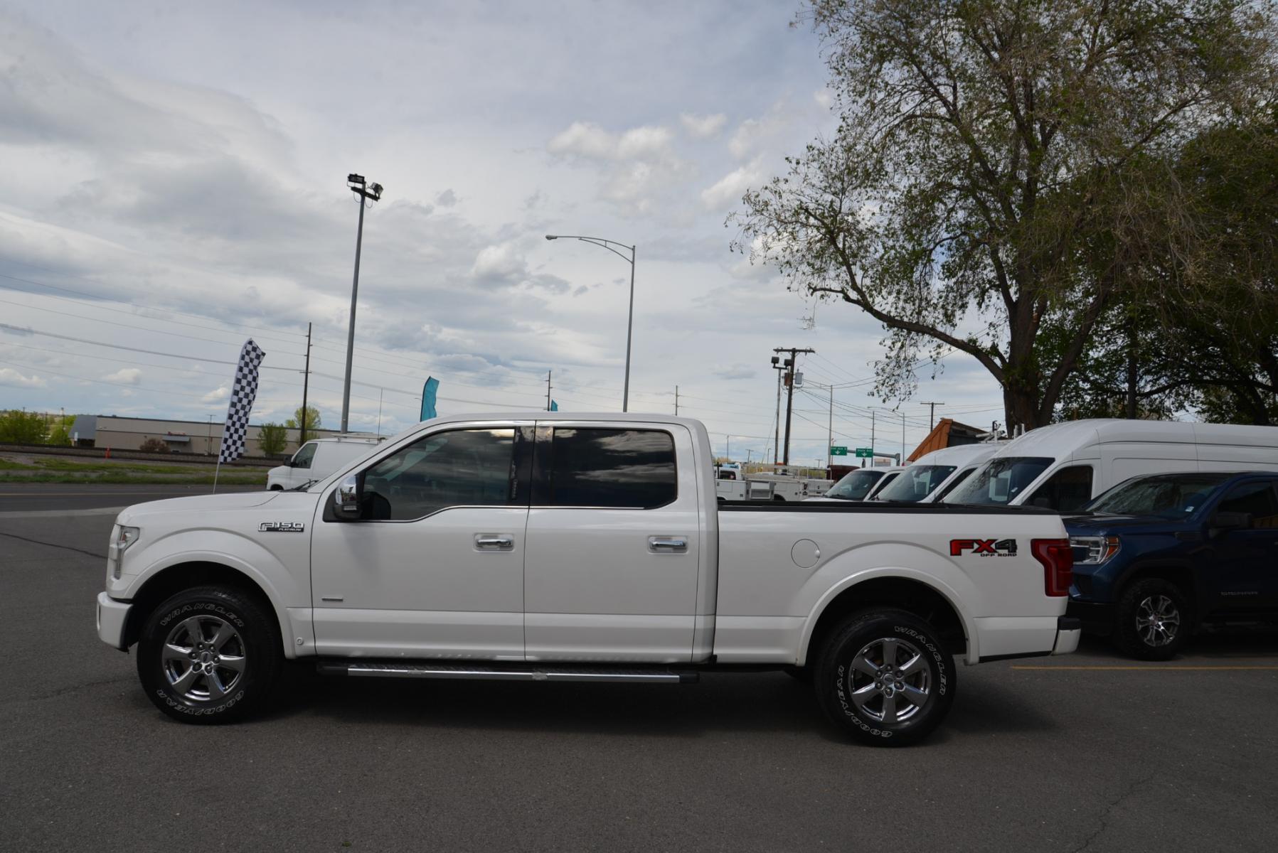 2015 White Platinum Metallic /Black Leather Ford F-150 Platinum FX4 (1FTFW1EG5FF) with an 3.5 Ecocoost Twin Turbo V6 engine, 6-Speed Automatic transmission, located at 4562 State Avenue, Billings, MT, 59101, (406) 896-9833, 45.769516, -108.526772 - 2015 Ford F-150 Platinum SuperCrew 6.5-ft. Bed 4WD - Extra clean! 3.5L V6 Ecoboost Twin Turbo Engine - 6 speed automatic transmission - 4WD - 135,146 miles - Inspected and serviced - copy of inspection and work performed as well as a full vehicle history report provided Platinum Series - cli - Photo #1